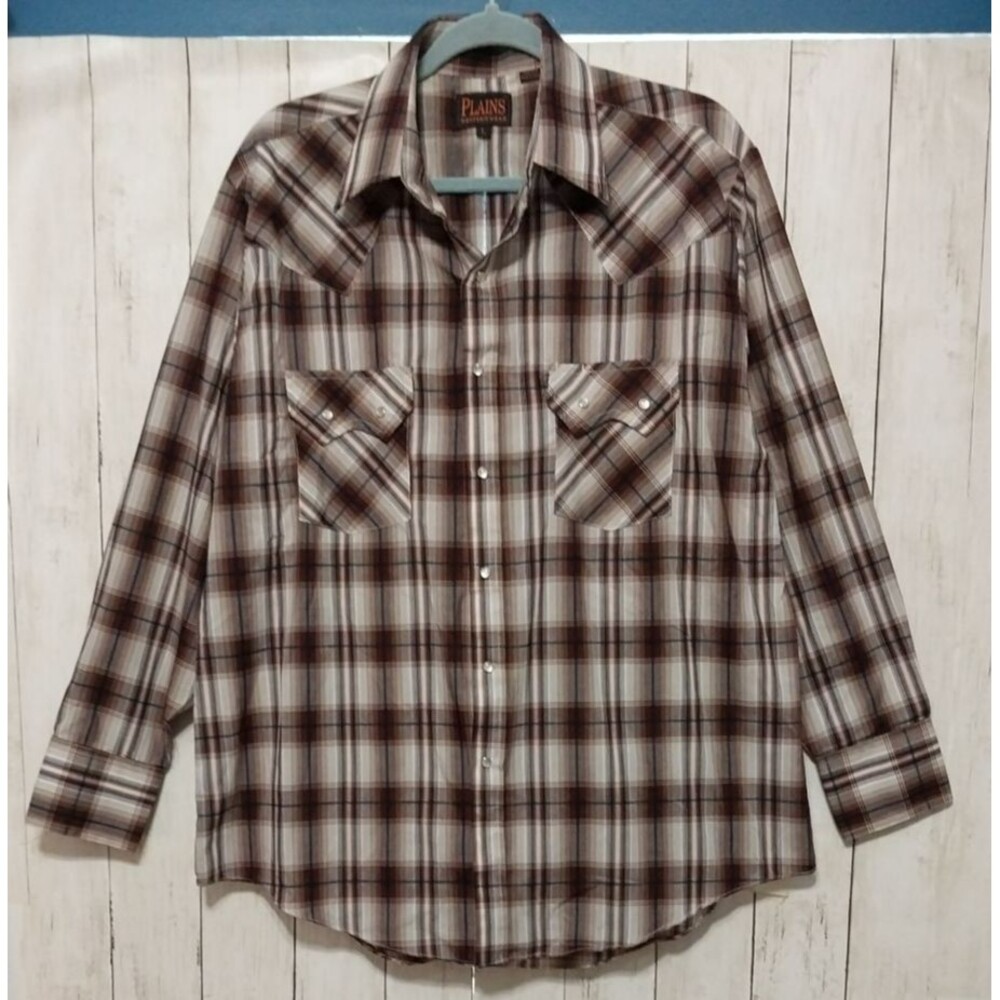 Plains Western Wear Men's Long Sleeve Pearl Snap Shirt Red Blue Plaid Men's L
